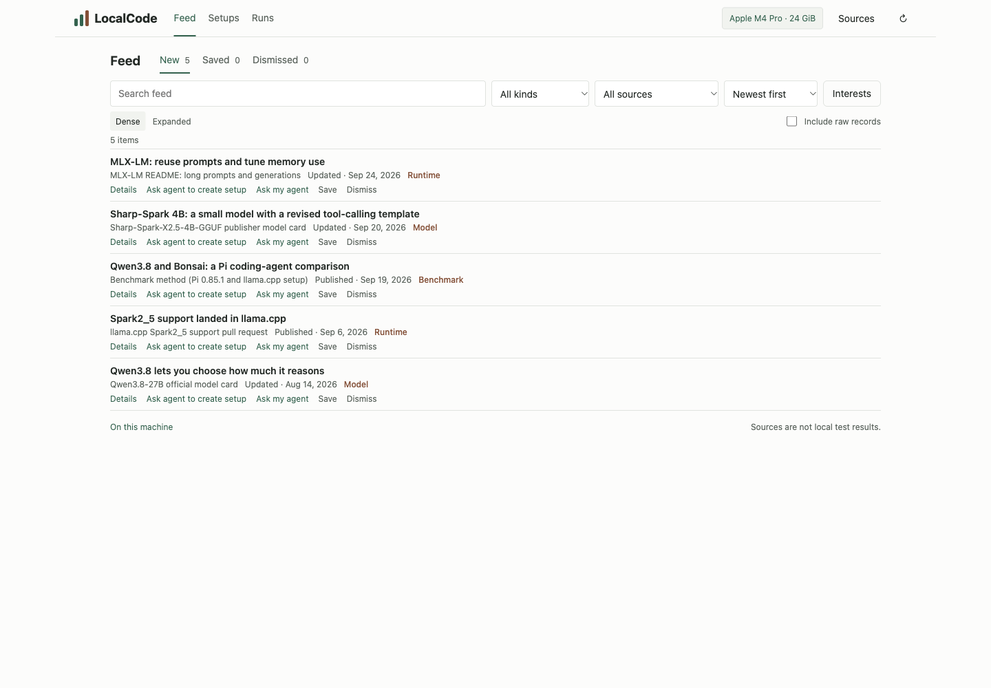 Captured LocalCode source feed interface showing public source headlines