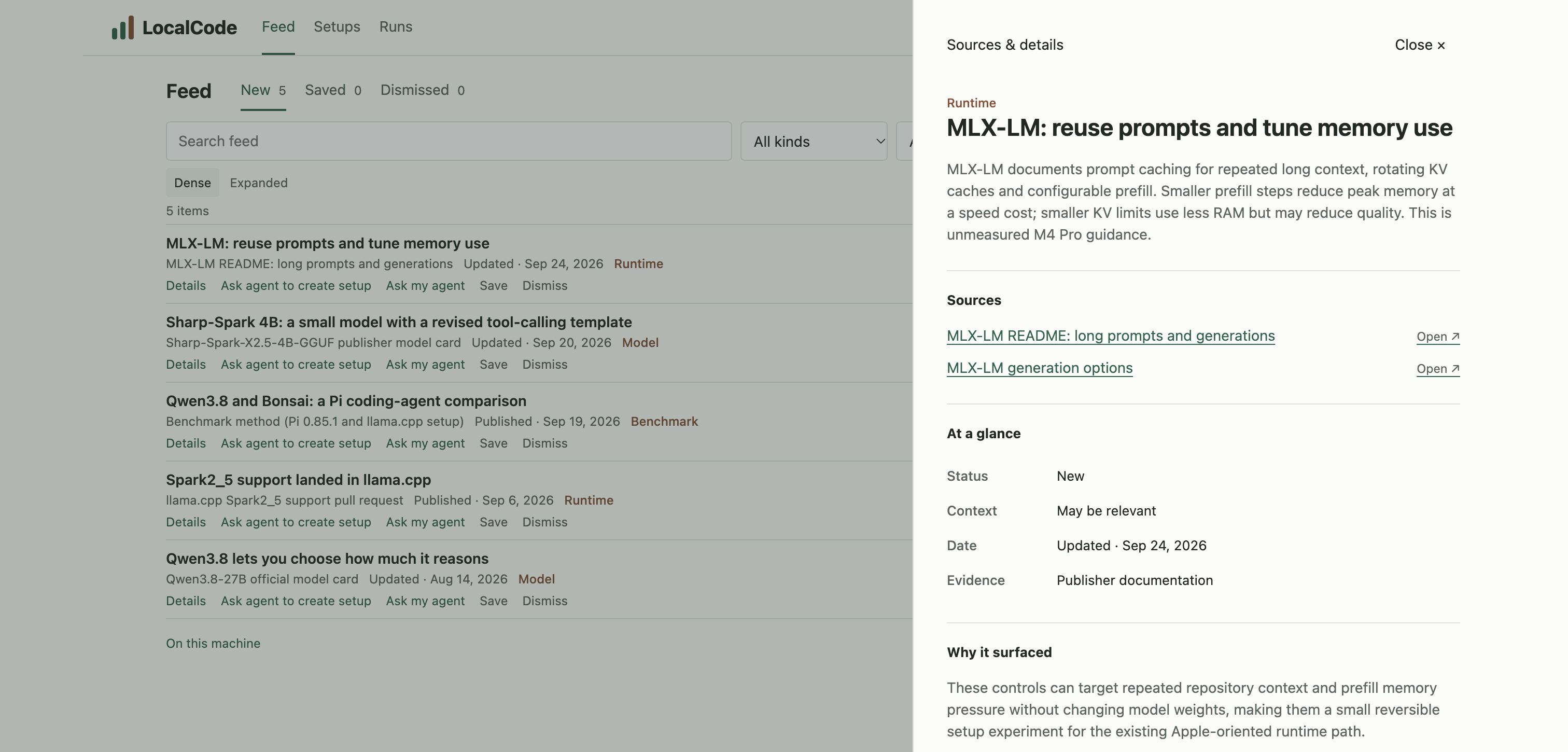 Captured LocalCode source detail drawer showing retained source links